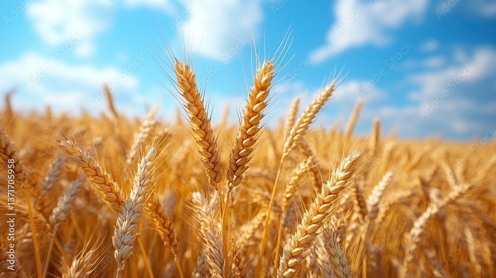 Wheat ears sway in blue sky, a serene agricultural landscape, nature's bounty. Wheat ears sway in blue sky, a serene agricultural landscape, nature's bounty.
