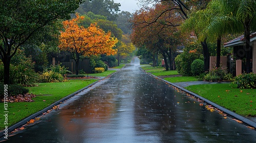 Wet pavement, green trees serene suburban street, gentle rain, overcast sky.