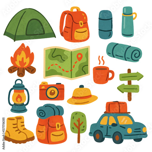 Colorful camping and travel gear icons set with tent backpack car and map illustrating outdoor adventure journey concept
