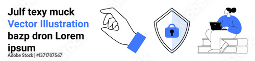 Hand reaching gesture, secure shield lock symbol, person working on laptop. Ideal for cybersecurity, work, online education, security, technology business digital solutions. Perfect flat landing