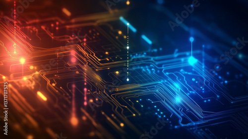 Abstract rendering of a circuit board with glowing elements in red and blue colors and lines