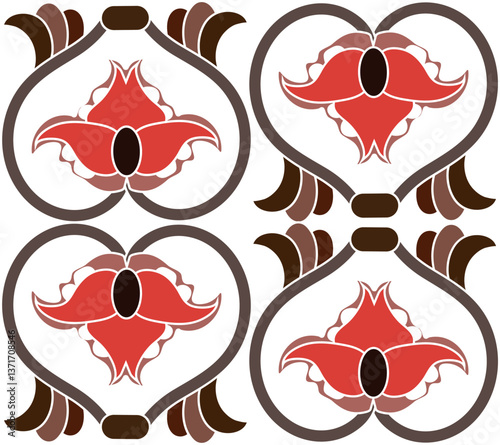 Brown, red, smoothly curved plant elements resembling a flower and leaves.