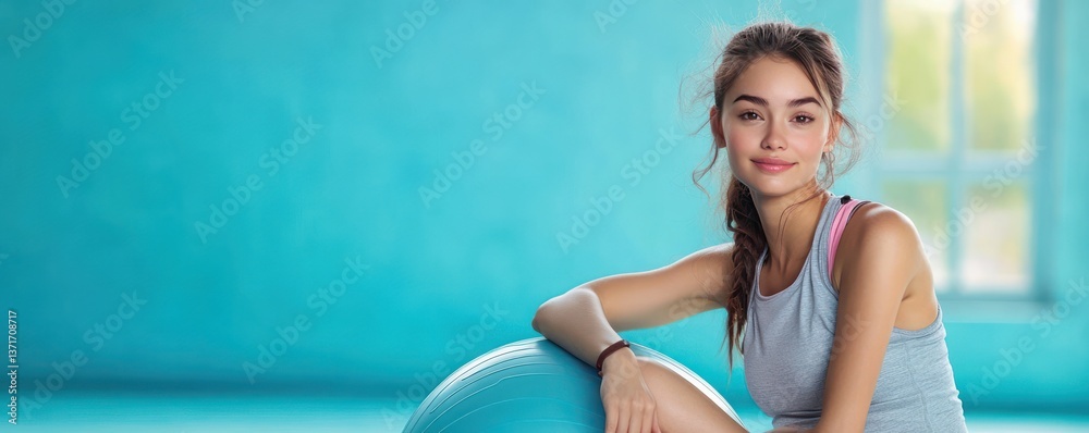 Happy Asian woman on fitness ball with water bottle in casual workout attire on vibrant blue background