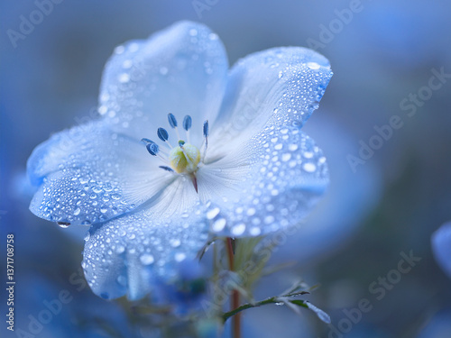 ネモフィラの美しい花、雨上がりの水滴