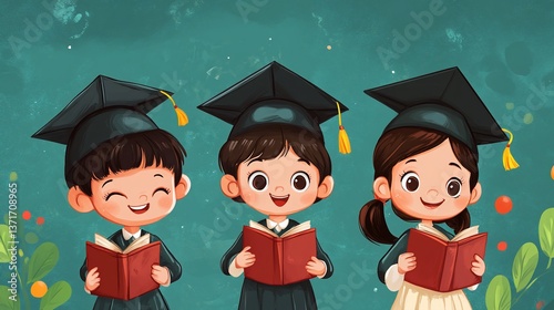 Joyful graduates cartoon illustration celebrating academic achievements