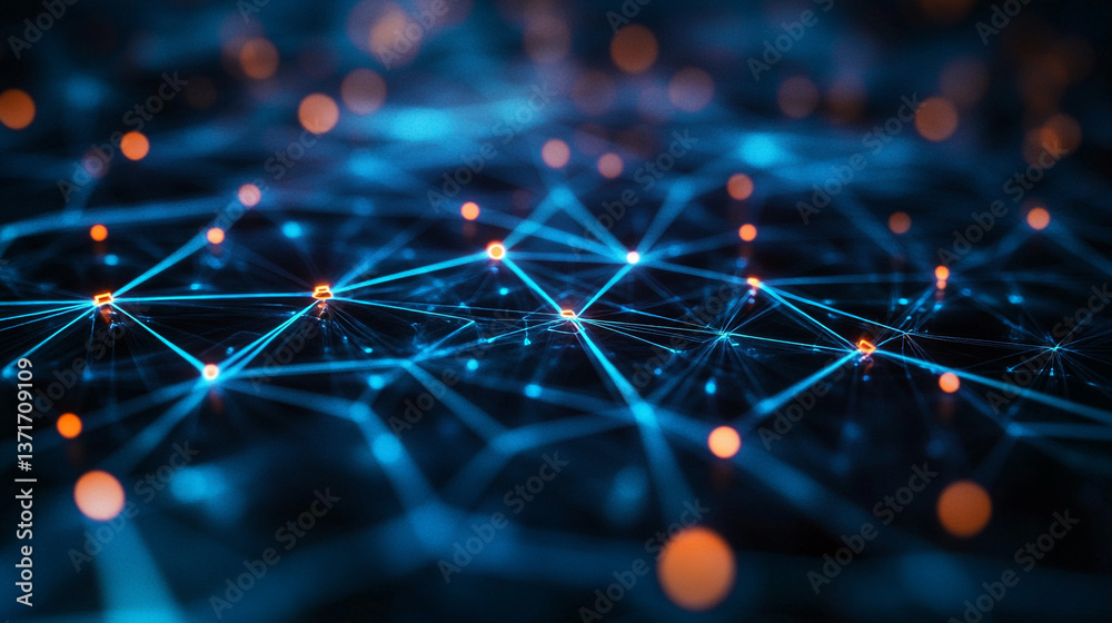 Obraz premium Abstract network with blue lines connecting orange dots creating a complex technological pattern