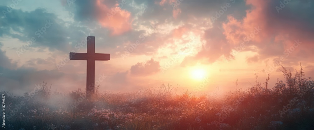 Fototapeta premium Jesus Christ Cross in Misty Meadow Sunrise with Ethereal Clouds and Soft Pastel Colors for Good Friday and Easter