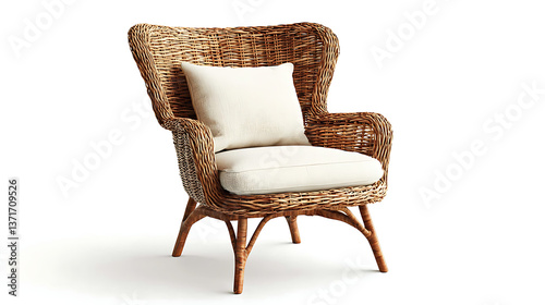 A chair with a white pillow and a brown wicker frame