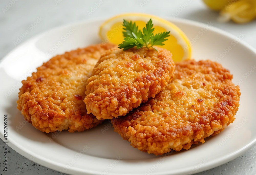 Three piece of Delicious Crispy Fried Cutlets with Lemon Slice and Parsley Garnish on White Plate Three piece of Delicious Crispy Fried Cutlets with Lemon Slice and Parsley Garnish on White Plate