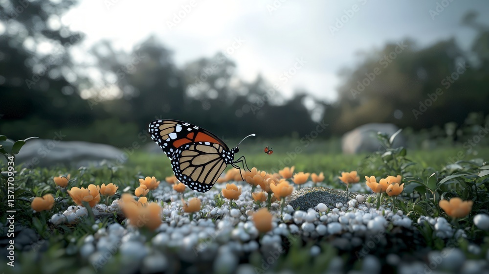 Obraz premium Monarch Butterfly on Flowers 3D Render Nature Scene Insect Spring Garden Wildlife B