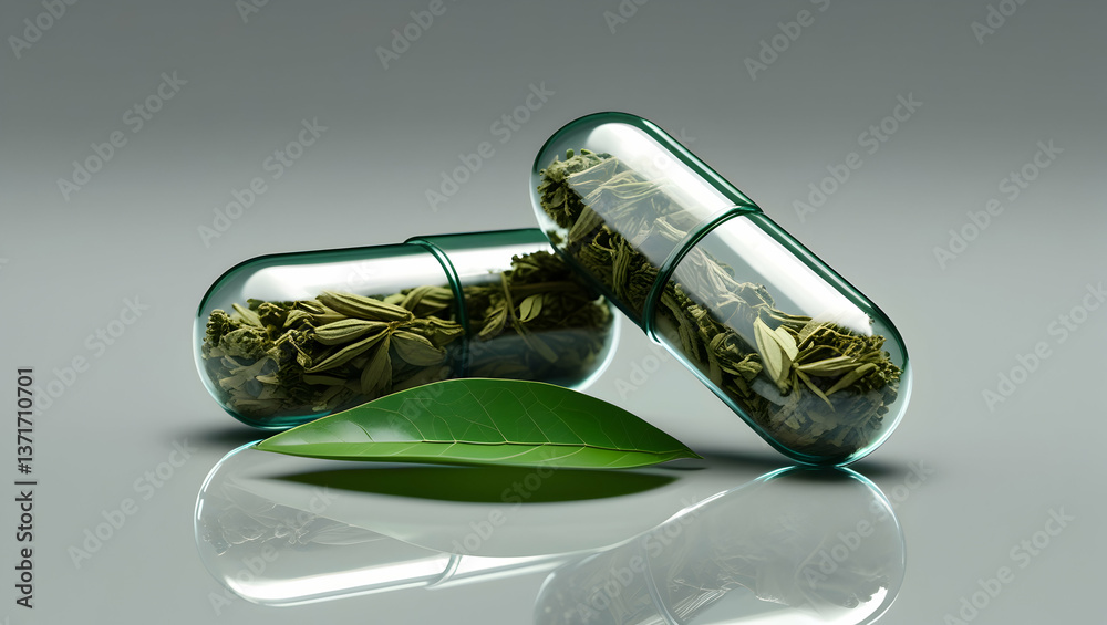 Fototapeta premium Medical technology Two green capsules filled with dried herbal material, positioned on a reflective surface