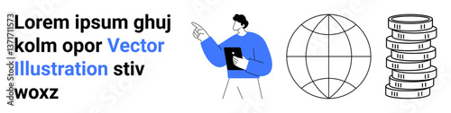 Man with tablet pointing towards global network and coin stack. Ideal for finance, networking, analytics, business growth, global economy, technology, simple landing page