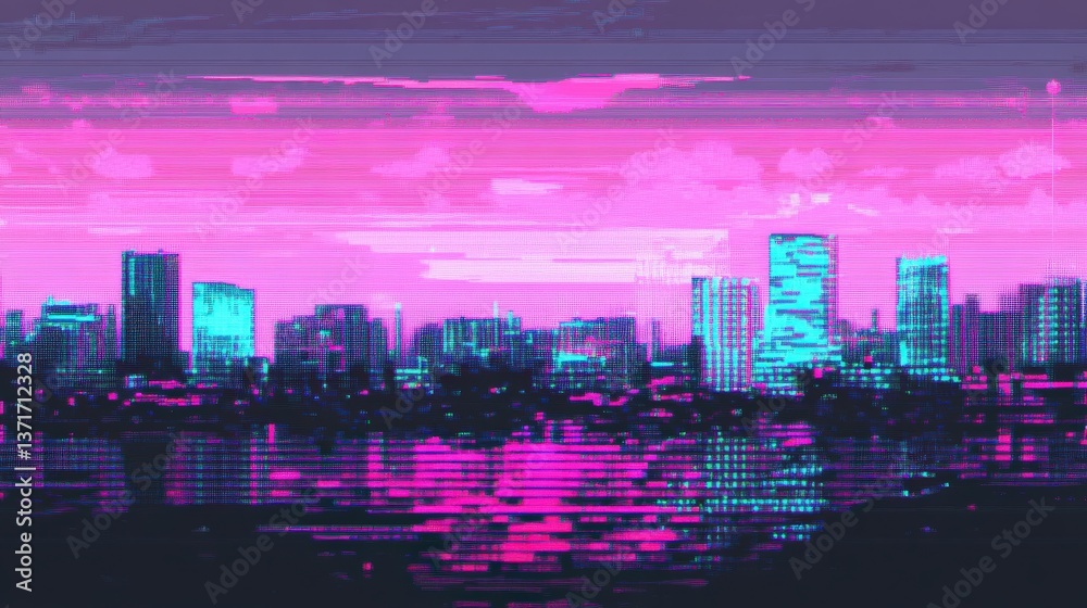 Fototapeta premium Vibrant Abstract City Skyline with Glitch Effect and Neon Colors