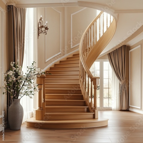 Elegant Interior with Wooden Spiral Staircase  Floral Arrangement and Warm Lighting in a Spacious Home
