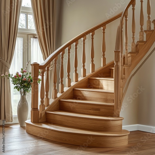 Elegant Wooden Staircase with Natural Light and Floral Accent for a Cozy Home Interior 