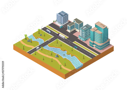 Isometric city with modern building and natural river