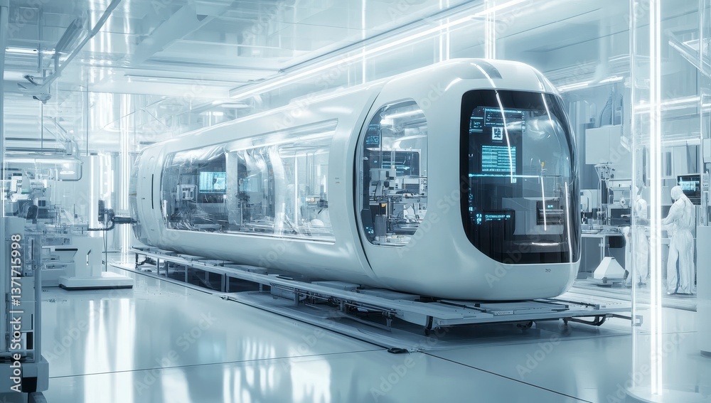 Futuristic White Vehicle in Modern Factory Setting Futuristic White Vehicle in Modern Factory Setting