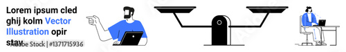 Businessman pointing while working on laptop, centered with balanced scales. Ideal for business, equality, justice, work-life balance, productivity, decision-making leadership. Perfect flat landing