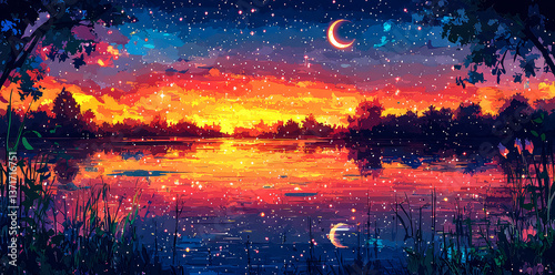 Magical Sunset Landscape: Serene Lake, Starry Night, and Crescent Moon