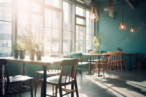 Modern Cafe Interior Soft Focus Pastel Bright Light Relaxed Atmosphere Minimalistic Design