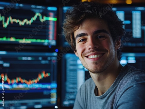 Smiling Trader: A focused, confident young trader smiles radiantly, framed by dynamic financial charts on multiple monitors.