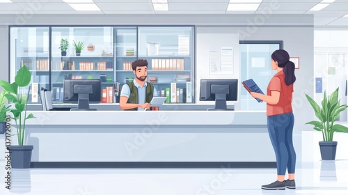 Young woman at library reception desk holding book and engaging in conversation with male attendant behind counter in modern office environment