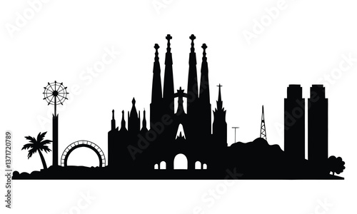 Barcelona City Skyline Silhouette, Vector, Icon, Logo, White Background.