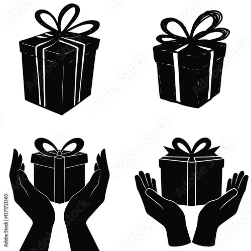 gift box icon set on a simple black silhouette color and white background, Set of Gift Boxes Silhouette, Birthday, Christmas, Anniversary