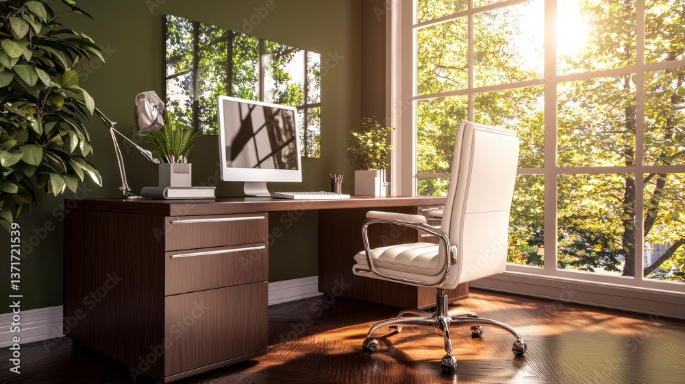 Fototapeta premium Modern Home Office Desk Sunlight Plants White Chair
