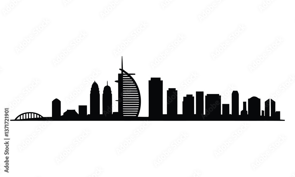 Naklejka premium Miami City Skyline Silhouette, Vector, Icon, Logo, White Background.