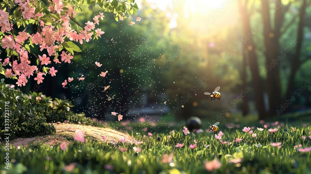 Obraz premium Idyllic Spring Garden Bees Pink Blossoms Sunlight