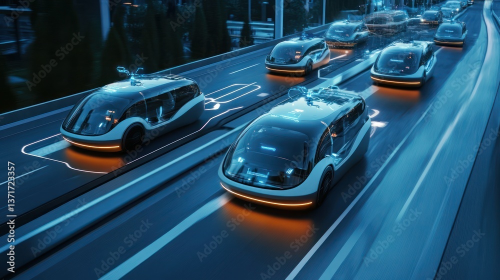 Fototapeta premium Autonomous vehicles travel on a highway, symbolizing the future of transport.