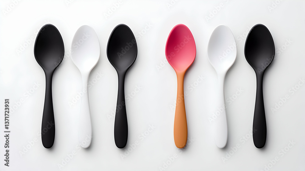 Colorful Plastic Spoons in a Row on White Background Colorful Plastic Spoons in a Row on White Background
