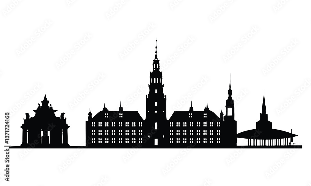 Fototapeta premium Copenhagen City Skyline Silhouette, Vector, Icon, Logo, White Background.