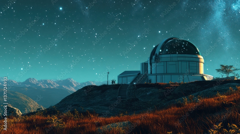 Obraz premium A serene observatory dome atop a hill beneath a star-filled night sky.