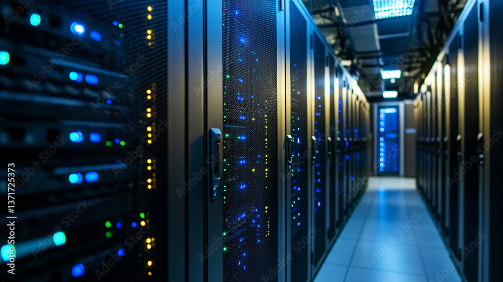 Fototapeta premium A long hallway filled with server racks displaying blinking lights in a data center environment