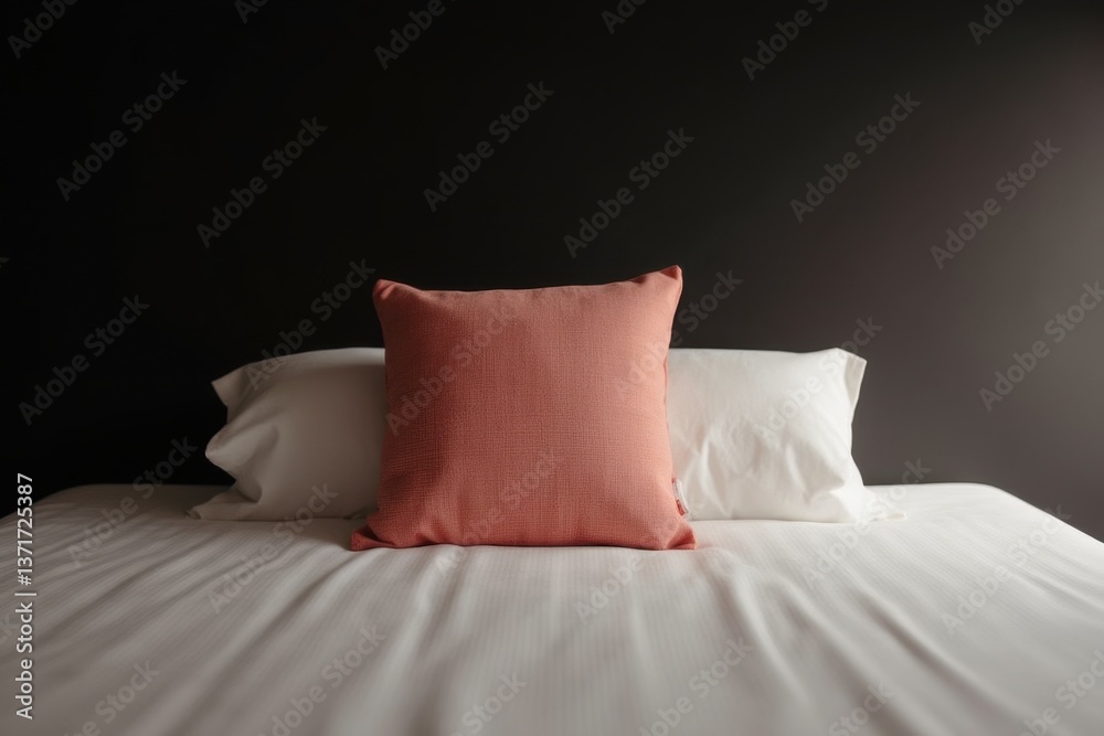 Obraz premium Serene minimalist bedroom with coral pillow soft lighting peaceful atmosphere