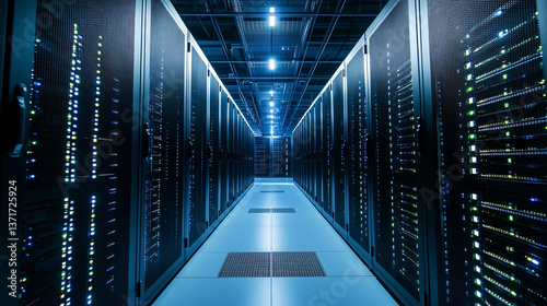 A server room with rows of computer server racks and blue lighting in a long narrow space