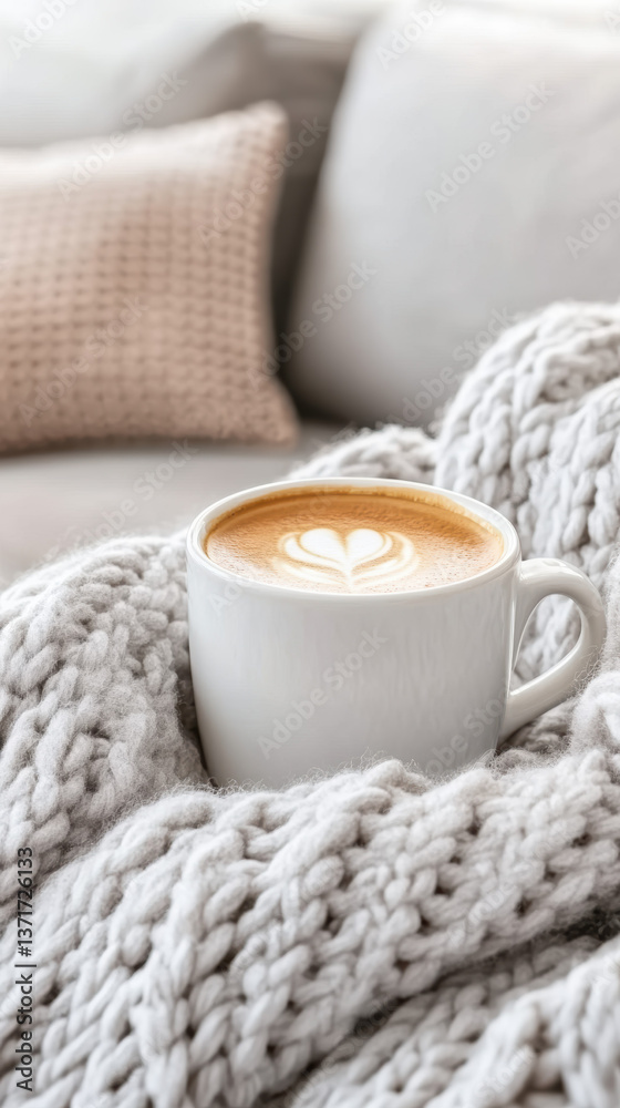 coffee cup with latte art rests on cozy knitted blanket coffee cup with latte art rests on cozy knitted blanket