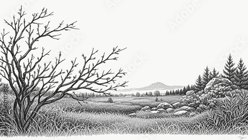 Golden Hours in the Grasslands meadow line art drawing ink sketch nature landscape vector hand drawn illustration background