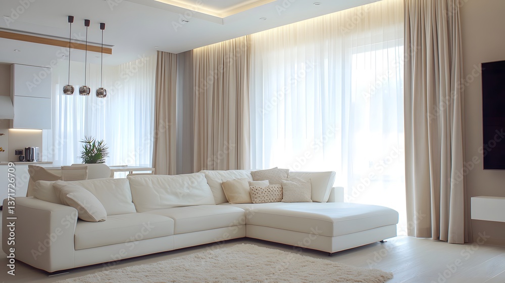 Fototapeta premium Modern Living Room Interior Design Luxurious White Sofa and Beige Curtains near Large Window