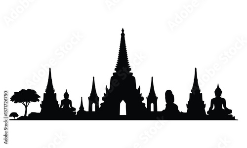 Ayutthaya City Skyline Silhouette, Vector, Icon, Logo, White Background.