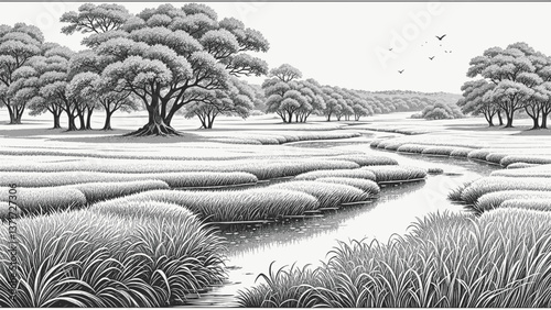 Whispers of the  meadow canal line art drawing ink sketch nature landscape vector hand drawn illustration background
