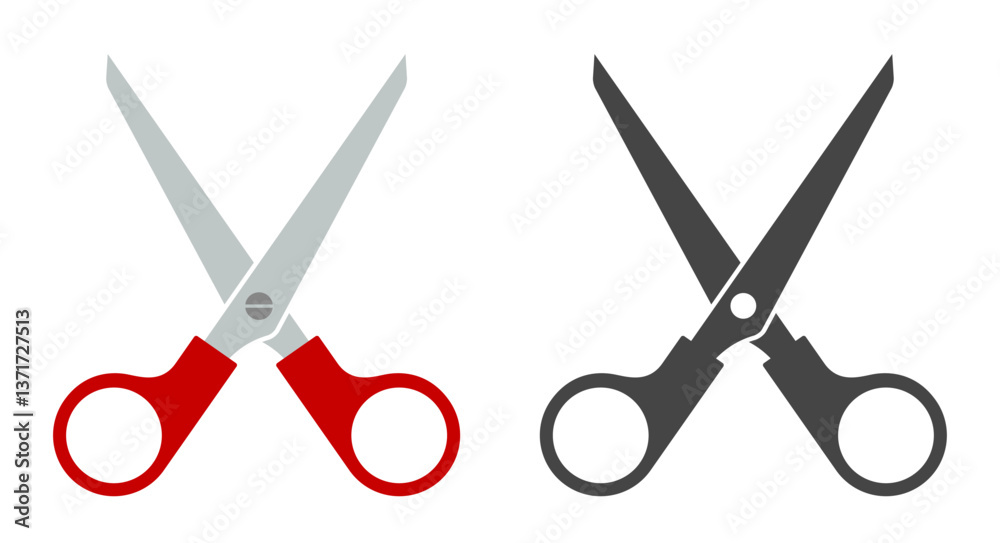 Simple straight scissors with a red handle and a black and white silhouette. Two pairs of scissors. Flat vector illustration isolated on white background. Simple straight scissors with a red handle and a black and white silhouette. Two pairs of scissors. Flat vector illustration isolated on white background.