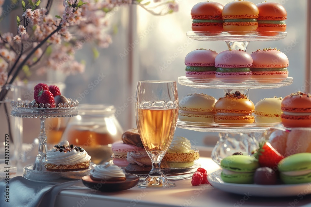 Sweet Serenity: A tempting display of colorful macarons, delicate pastries, fresh raspberries, and sparkling champagne glasses, arranged on elegant tiered platters. Sweet Serenity: A tempting display of colorful macarons, delicate pastries, fresh raspberries, and sparkling champagne glasses, arranged on elegant tiered platters.