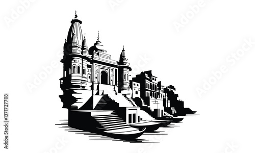 Varanasi City Skyline Silhouette, Vector, Icon, Logo, White Background.