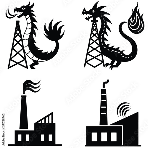 Vintage industrial icons and elements set featuring ships, towers, factories, and energy symbols in a nautical, marine, and oil-themed design