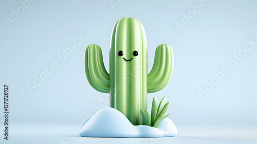 Smiling Green Cartoon Cactus 3D Render