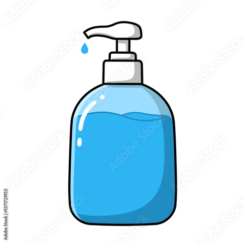 Relaxing blue liquid soap dispenser with droplet against white background  