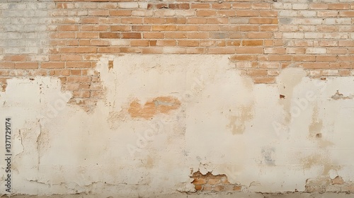 Weathered Brick Wall Texture Background with Exposed Plaster and Brickwork